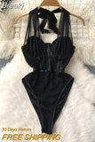 Sexy Transparent Mesh Patchwork Floral Lace Bodysuits Women Fashion Clothes Lace-up Hater Sleeveless Party Body