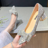 Crystal Bowknot Pumps Women 2023 New Thick Heels Rhinestone Wedding Party Shoes Woman Gold Silver Sequin Pointed Toe