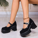 Leather Chunky Platform Mary Jane Shoes Women Fashion Crystal Buckle Strap Thick Heels Pumps Woman Gothic High Heel