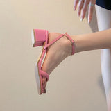 Sandals Woman Summer With Square Toe Thick Heels Pink High Heels Temperament Socialite 2024 New