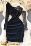 One Shoulder Strap Sequins Long Sleeve Bodycon Mini Dress Women Fashion Streetwear Drawstring Ruched Party Club