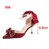 Ankle Strap Pumps Women Luxury Bowknot Red Dance Shoes Woman Sexy Pointed Toe Velvet Stiletto High Heels Sapatos