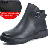 Winter Genuine Leather Ankle Boots Round Toe 2022 Handmade Lady Soft Flat Shoes Comfortable Side Zip Short