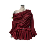 Sweet Temperament Design Folded Micro-Perchee Shoulder Irregular Top + Ultra-Short Trousers