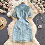 Fashion Women's Dress 2023 Summer Elegant Short-sleeved Turn Down Collar Buttons Geometric Print Office Lace Party
