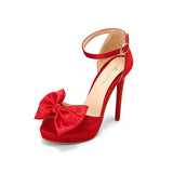 High Heel Sandal Women 2023 Summer Stiletto Size 34-50 Peep Toe Satin Platform Shoes Bow Red Black Dress