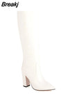 Women High Knee Boots Elegant Crocodile Print Microfiber Long Boots Women Pointed Toe Chunky Heel Party Shoes Thick Bottom