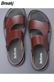 Summer New Fashion Men Shoes Vintage Real Leather Non-slip Beach Slip-On Sandals Travel Flip Flop Slippers Black