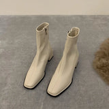 Square Head Elastic Thin French Short Boots 2024 New Autumn And Winter Brown Martin Boots Single
