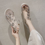 Women's Shoes Beach Sandals for Woman Transparent Summer 2023 Clear Footwear with Medium Heels Diamond Rhinestones Wedges Heel