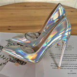 Laser Shiny Silver Patent Women Pointy Toe High Heel Party Shoes Gorgeous Ladies Wedding Stiletto Pumps 8cm 10cm