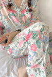 Women's Silk Long-sleeved Pajamas Sleepwear Suit Flower Printed High-grade Ice Silk Outside Home Wear Pijamas De
