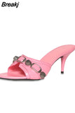 Ladies Slippers Rivet Buckle Strap Women's Shoes 2023 Trend Summer Black Leather Low Heel Gladiator Sandals Women