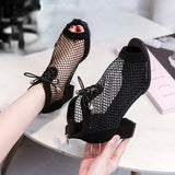 New Fashion Ladies Sandals European and American Fashion Mesh Hollow High Heel Booties Thick Heel Leopard Print Fish