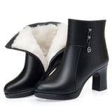 Leather Women Winter Ankle Boots Side Zipper High Heels Shoes Warm Thick Plush Snow Boots for Women Botines De