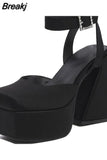 Chunky Heeled Satin Ankle Strap Pumps 2023 Spring Summer High Heel Wedding Shoes Walking Comfy Women Sandal Big Size
