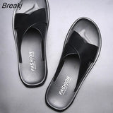 Summer Beach Slippers Men Shoes Black Flat Leather Summer Shoes Holiday Male Footwear Non-slip Brand Man Slippers