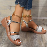 Gold Silver Thick Heel Sandals Women Summer Ankle Strap Wedge Sandals Woman Open Toe Platform Shoes Female Plus Size