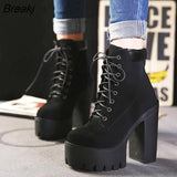 Spring Autumn Platform Ankle Boots Women Lace Up Thick Heel Platform Boots Ladies Worker Boots Black Big Size