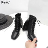 Women Ankle PU Leather 35-39 Feet Length Round Toe Chelsea Middle High Heels Boots Autumn Winter Rubber Shoes Female 2023