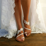Women Flat Shoes Summer Bohemian Gladiator Roman Sandal Lace Straps Floral Style Sandalias Mujer White Female Beach