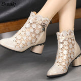 2023 Spring Summer Boots Fashion Rhinestones Gauze Sandals Thick Heels Mesh Boots Hollow Women's Shoes Large Size
