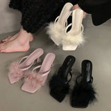 Breakj Niche High-Heeled Shoes Fur Slippers Women Wear 2025 New Summer Fairy Wind Clip Toe Black Cool