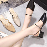 Party Women Mules Slipper Pointed Toe Block Strap Closed Shallow High Heels Shoes Sandals Black Beige Square heel