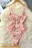 Elegant Women Pink Butterfly Embroidery Bodysuits Sexy Spaghetti Strap See Through Mesh Lace-up Bandage Club Body