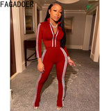 Fall Winter Casual Sport Two Piece Sets Women Zip Long Sleeve Coat + Pants Tracksuits Fashion Stripe Print 2pcs