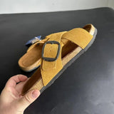 Summer Women's Cow Suede Leather Cork Sandals Two Buckle Flats Sandals Women Retro Roma Style Fashion Slippers