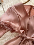 Chic Summer Dress for Women Solid V-neck Short Sleeve Elegant Dress Sash Lace-up A-line Split Midi Party Dress