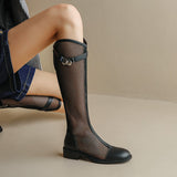 Summer Thick Heel Round Head Flat Bottom Thin Breathable Mesh Hollow Cool Boots Genuine Leather High Barrel Women's