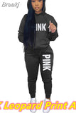 Two Piece Set Women Hooded Sweatsuits Fashion Pink Letter Leopard Print Tracksuit Casual Female Outfits Streetwear