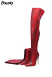 Sexy Over The Knee High Boots Women Stretch Leather Snakeskin Pointed Toe Long Booes Woman Winter Zip High Heels