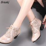Fashion Rhinestones Gauze Sandals Summer New Mesh Boots Genuine Leather Women's Shoes Hollow Boots Large Size