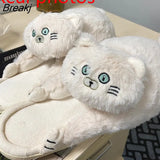 Warm Grey White Cat Slippers Cute Girl Plush Kids Furry Anime Character Winter Warm Non-slip Home Slippers Women's
