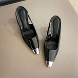 Square Toe Thin Heel Sandals Patent Leather Black Wrapped Heels High Heels Metal Toe Temperament Matte Women's Single