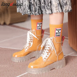 Women Rain Boots Mature Ladies Lace-up Waterproof Ladies Shoes Transparent Candy Color Soles Outdoor Girl