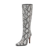 Knee High Boots for Women Sexy Stiletto Snakeskin Print Fashion Thin High Heels Shoes US Size