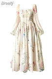 Elegant Floral Midi Dress Chiffon Long Sleeve Evening Party Dress Woman Beach Fairy One Piece Dress Korean 2023