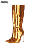 Classics Women High Heel Boots Patent Leather Back Zipper Square Toe Plush In Shoes Punk Style Knee-length Boots