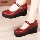 2022 Spring Leather Shoes Women Platform Wedges Shoe High Heels Round Toe Soft Sole White Women Pumps Large Size