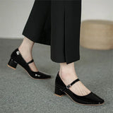 Autumn Women Buckle Mary Janes Shoes Patent Leather Dress Shoes High Heels Pumps Retro Ladies Shoe Black