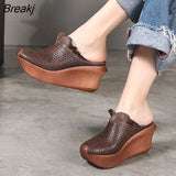 Women Leather Mules 9 CM High Heels Wedge Slippers Women Handmade Platform Genuine Leather Slippers Coffee Shoes