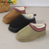 Women 2023 New Fur Short Plush Flip Flops Platform Slippers Winter Shoes Casual Home Cotton Shoes Warm Flats Boots Mules