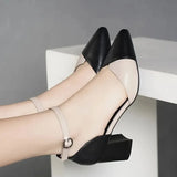 Women Classic Pointed Toe High Quality Black Leather Buckle Strap Square Heel Shoes Lady Office Pumps Sapatos Femininas