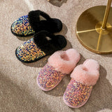 Sequins Home Fur Slippers Women Winter Keep Warm Plush Flat Cotton Shoes Woman Indoor Bedroom Soft Sole Fluffy