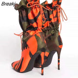 High Thin Heels Boots for Women 11cm Stilettos Fashion Camouflage Ankle Boots Woman Lace Up Sexy Chic Night Club