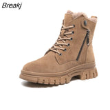 Winter Shoes Women Suede Leather Boots Flat Non-slip Snow Boots Genuine Leather Warm Plush Women Ankle Botas Black